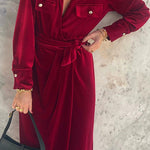 Fashionable and Versatile Shirt Collar Lace-up Long Sleeve Dress