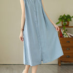 A-Line Sleeveless Buttoned Pleated Solid Color Round-Neck Midi Dresses