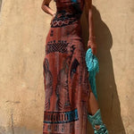 Gypsy Style Unique Print Cowl Neck Back Lace-up Slit Midi Dress