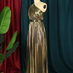 High Waisted Loose Asymmetric Pleated Shiny Solid Color One-shoulder Maxi Dresses