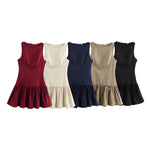 A-Line Loose Pleated Solid Color Split-Joint Zipper Round-Neck Mini Dresses