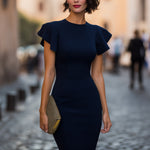 Elegant Navy Blue Flutter-Sleeve Sheath Dress With Tailored Waist