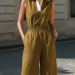 Sleeveless Contrast-Collar Top & Elastic Waist Shorts Set