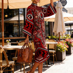 Flared Sleeves Long Sleeves Contrast Color Flower Print Geometric Split-Joint Round-Neck Midi Dresses