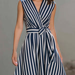 Sleeveless Wrap-Style Midi Dress With Vertical Stripe Pattern