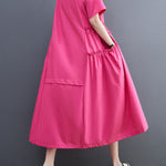 Loose Short Sleeves Solid Color Split-Joint Round-Neck Midi Dresses