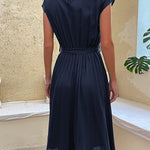A-Line Loose Pleated Solid Color Tied Waist Round-Neck Midi Dresses