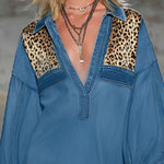 Lapel Collardenim And Leopard Print Patchwork Long-sleeved Mini Dress