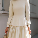 Elegant Ivory Peplum Tiered Midi Dress