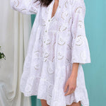 A-Line Flared Sleeves Buttoned Hollow Solid Color Split-Joint V-Neck Mini Dresses
