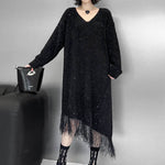 Irregularity Long Sleeves Contrast Color Sequined Shiny Split-Joint Tasseled V-Neck Midi Dresses Sweater Dresses