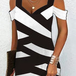 A-Line High Waisted Contrast Color Hollow Printed Cold Shoulder Mini Dresses