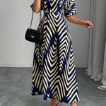 Elasticated Waist High Waisted Contrast Color Geometric Printed Split-Joint V-Neck Maxi Dresses
