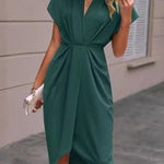 High-Low Loose Knot Pleated Solid Color Split-Front V-Neck Midi Dresses