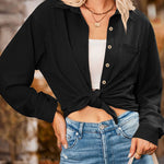 Loose Pocket Lapel Button Textured Blouse