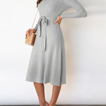 High Waisted Long Sleeves Solid Color Tied Waist Round-Neck Midi Dresses Sweater Dresses