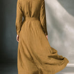 Women's Mustard Elegant Linen Blended Button - Front Belted Midi Shirt Dress