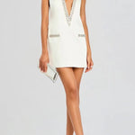 Elegant Demeanor Satin Gemstone Trim Deep V-Neck Tank H-line Mini Dress