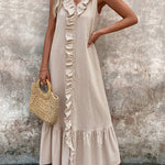 A-Line Loose Pleated Ruffle Trim Solid Color V-Neck Maxi Dresses
