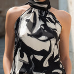 Abstract Print High-Neck Sleeveless Halter Blouse