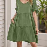 A-Line Flared Sleeves Pleated Pockets Ruffled Solid Color Split-Joint Round-Neck Mini Dresses