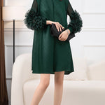 Long Sleeves Loose Embroidered Pleated Solid Color Round-Neck Midi Dresses