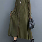 A-Line Long Sleeves Buttoned Pleated Pockets Split-Joint Lapel Midi Dresses Shirt Dress