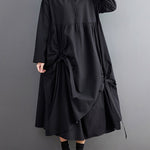 A-Line Long Sleeves Buttoned Pleated Pockets Solid Color Tied Lapel Midi Dresses Shirt Dress