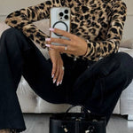 Leopard print turtleneck slim-fit long-sleeved top