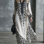Retro Fashion Flowing V-neck Black Leopard Print White Chiffon Maxi Dress
