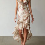 Elegant Floral Ruffled High-Low Hem Satin Slip Dress