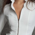 Zip-Front Fitted Blouse With Lace-Trimmed Ruffle Collar And Bell Cuffs