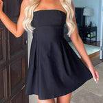 A-Line Loose Backless Pleated Solid Color Split-Joint Tied Tube Mini Dresses