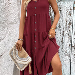 Loose Sleeveless Buttoned Solid Color Tiered Round-neck Midi Dresses