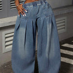 Loose Elasticity Pockets Solid Color Jean Pants Bottoms Trousers