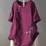 Women'S Embroidered Cotton And Linen O-Neck Button Short Sleeve Blouse