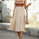 A-Line High Waisted Contrast Color Jacquard Pleated Split-Joint Adjustable Straps Midi Dresses