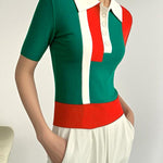 Short Sleeves Skinny Buttoned Contrast Color Lapel Polo-Style T-Shirts Tops