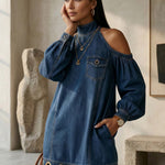 Long Sleeves Loose Hollow Pockets Solid Color Split-Joint Cold Shoulder Mini Dresses