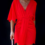 Batwing Sleeves Skinny Pleated Solid Color Split-Joint V-Neck Mini Dresses