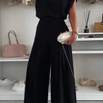 Santie Round Neck Cape Sleeve Loose Top and Elastic Waist Pocket Wide Leg Pants Set