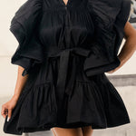A-Line High Waisted Buttoned Pleated Ruffled Solid Color Tied Waist Lapel Mini Dresses