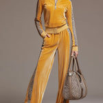 Casual Sporty Retro Leopard Print Trim Yellow Velvet Sweatshirt Wide-Leg Pants Set