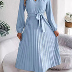 High Waisted Long Sleeves Belted Buttoned Pleated Solid Color V-Neck Maxi Dresses