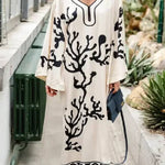 Exotic Locales Satin Unique Print Cutout Neck Wide Sleeve Kaftan Midi Dress