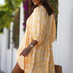 Women's V Neck Half Sleeve Floral Tunic Short Dress