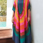 Batwing Sleeves Loose Contrast Color Printed Sun Protection Round-Neck Maxi Dresses