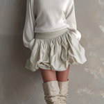 Women's Elegant White Knitted Turtleneck Long-sleeved Top Paired With A Woven Flared Short Skirt