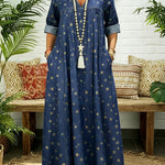 A-Line Long Sleeves Pleated Pockets Printed Split-Joint V-Neck Maxi Dresses