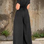 Short Sleeves Wide Leg Elasticity Pleated Split-Joint Zipper Round-Neck Jumpsuits